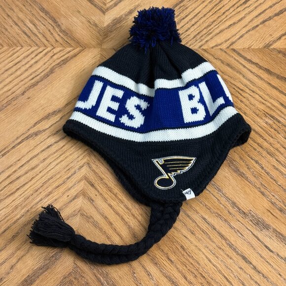 St. Louis Blues NHL Adult Knit Beanie Pom Pom Long Cords Earflap Headwear - Picture 4 of 8